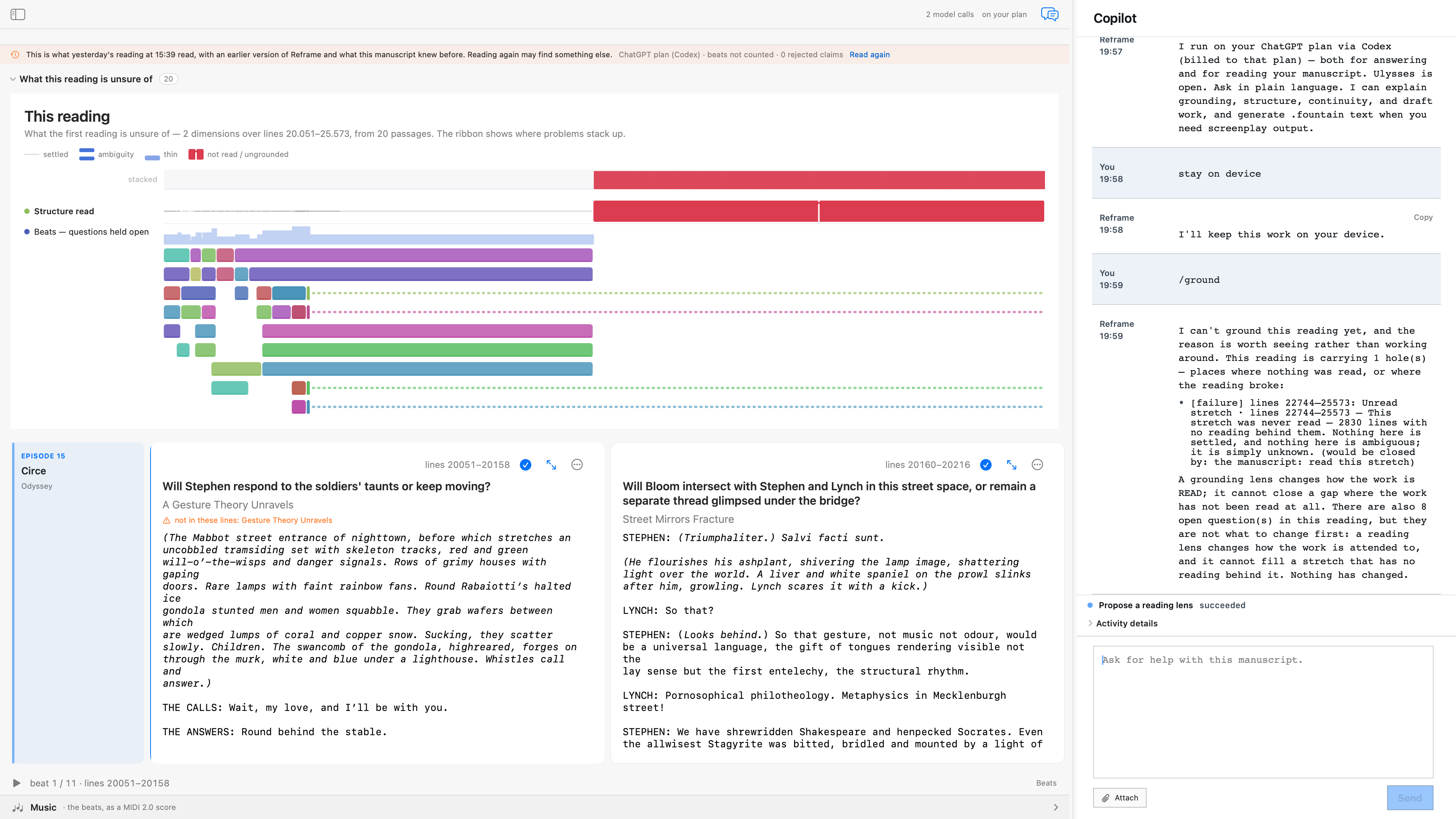 Reframe in full screen on the Circe chapter of Ulysses: the uncertainty score is open above two manuscript beats, and the Copilot has answered /ground by refusing to propose a reading lens and naming the unread stretch that blocks it