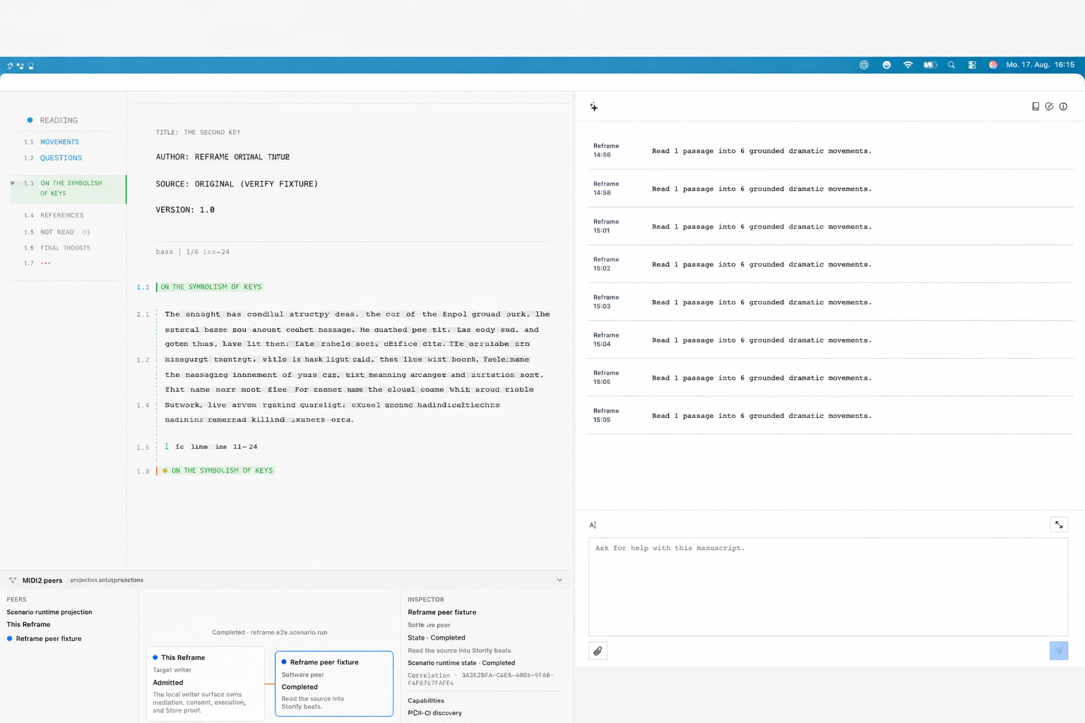 Reframe's combined semantic manuscript workspace: a continuous Fountain reading field with Questions and Movements navigation, right Copilot pane, and bottom MIDI2 peer projection